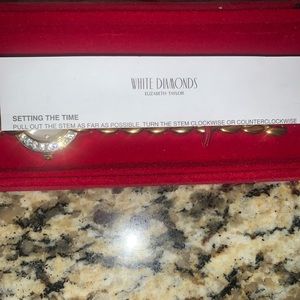 Vintage Elizabeth Taylor White Diamonds Gold Tone & Rhinestone Watch w/ Box